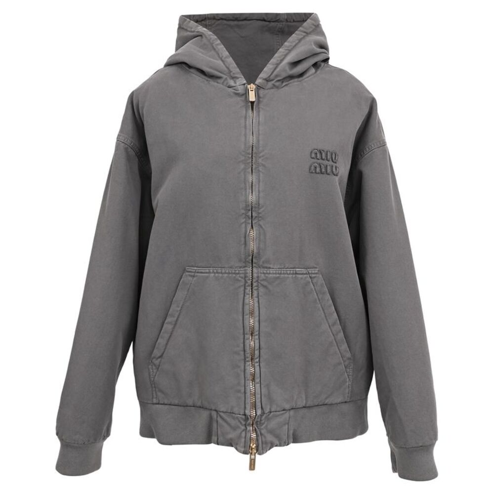 Miu Miu Zip-Up Padded Hooded Jacket in Grey Cotton